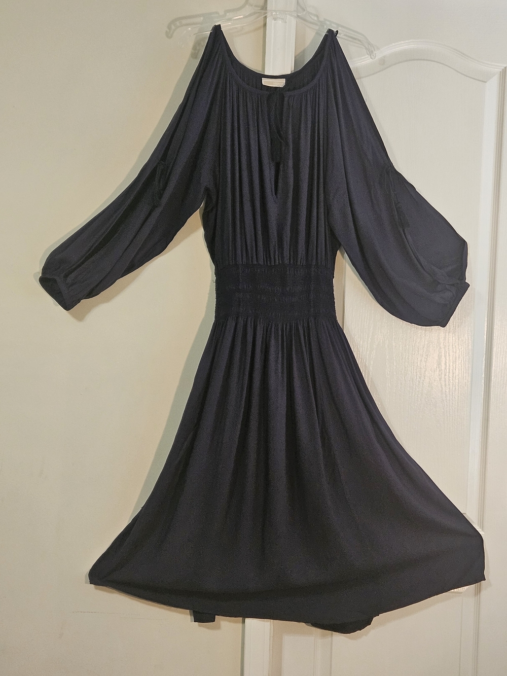 Michael Kors Navy Open Long Sleeve  Smocked-Waist Midi Dress
